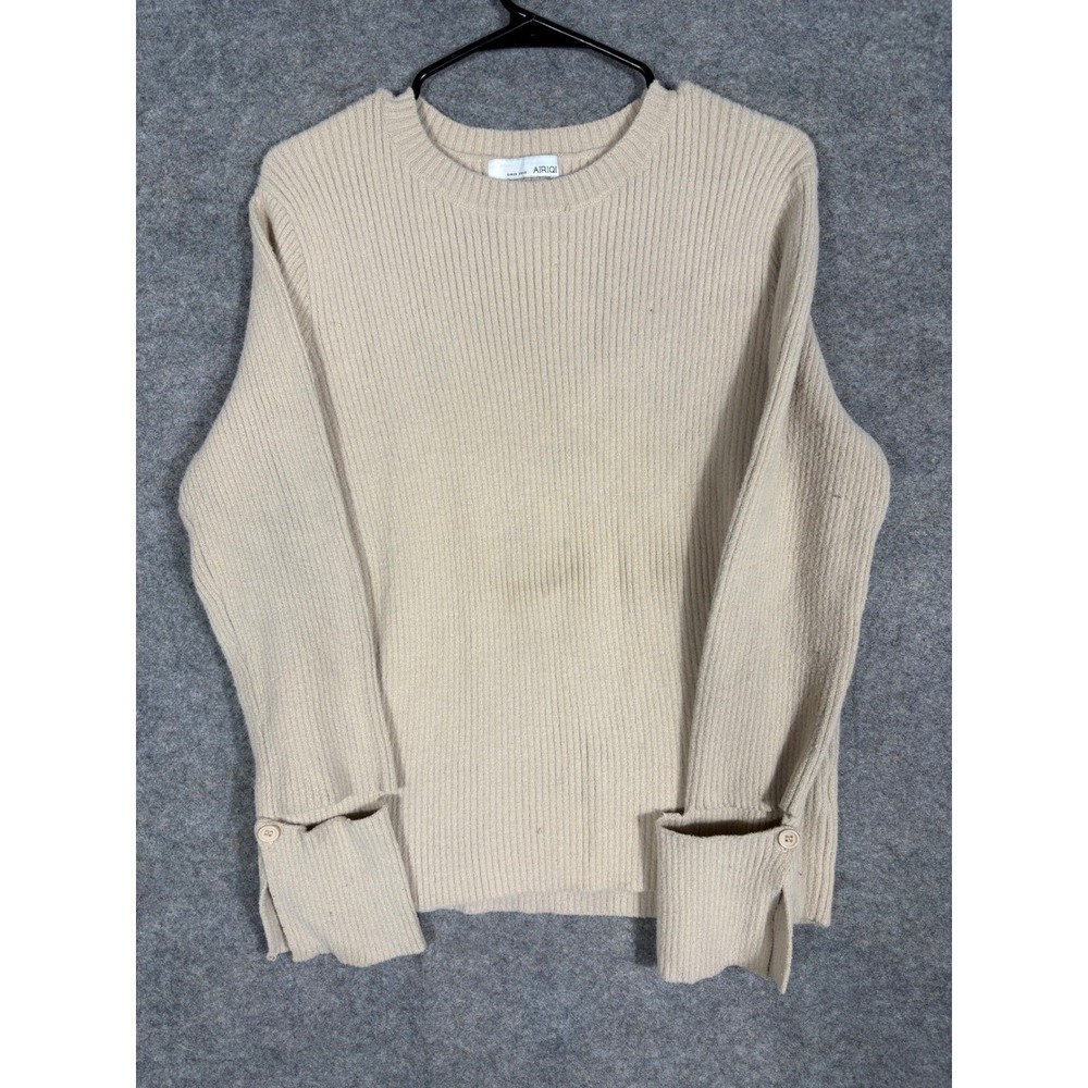 AIRIQ Ribbed Knit Sweater Beige Crew Neck Long Sleeve Button Cuff Detail Women